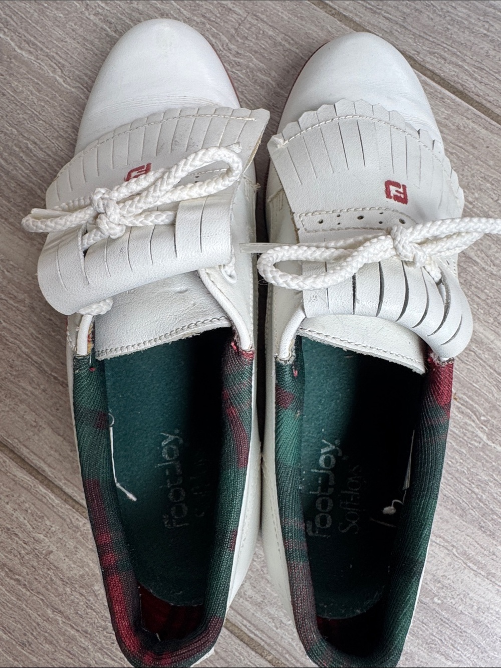 FootJoy White Leather Kiltie Loafers with Red Logo - Picture 2 of 3